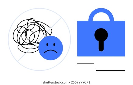 Tangled lines with a sad face representing mental struggles next to a locked lock symbolizing privacy. Ideal for mental health awareness, data security, emotional wellbeing, psychological issues