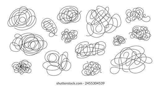 Tangled lines set simple doodle outline hand drawn vector illustration, abstract thin anime scribble element, concept of mental disorder, confusion, linear icon