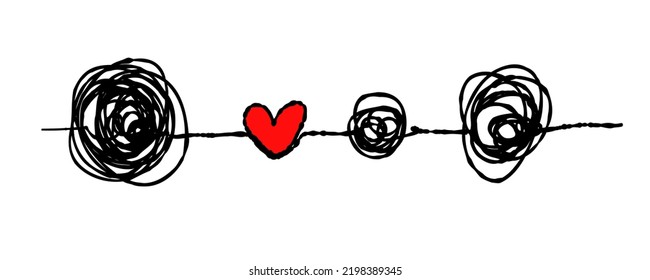 Tangled love line isolated scribble. Heart for postcard, poster, background, text.