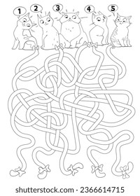 El laberinto enredado de las colas de gato. Maze para los niños. Juego educativo para los niños. Tarea de atención. Elija la ruta correcta. Caricatura divertida. Libro de colorear. Hoja de cálculo. Ilustración del vector