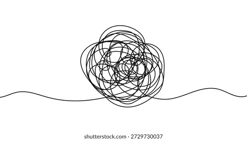 Tangled mess ball of lines in one line art style. Symbol of chaos, problem, or complexity with editable black stroke. Vector illustration.