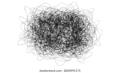 Tangled mess of chaotic black scribble lines forming a complex abstract chaos pattern on a plain white background.