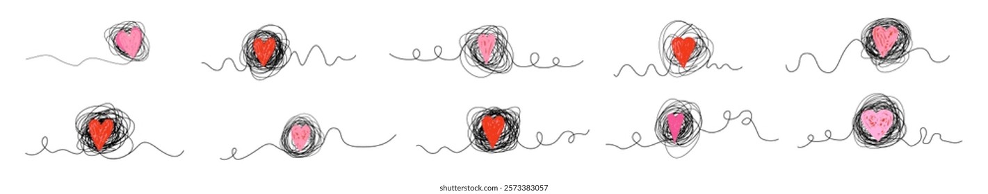 Tangled messy ball shapes with curvy swirly lines and pink and red hearts, graphic design elements for greeting cards and backgrounds