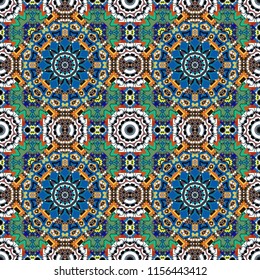 Tangled modern based on traditional patterns. Portuguese tiles in purple, blue and violet colors. Quatrefoil pattern.