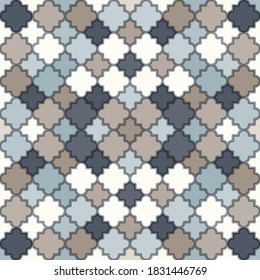 Tangled modern pattern, based on traditional oriental arabic geometric repeat patterns. Seamless vector background. Plain neutral natural colors - easy to recolor.