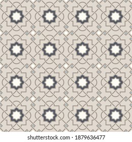 Tangled modern pattern, based on traditional oriental arabic geometric repeat patterns. Seamless vector background. Plain neutral natural colors - easy to recolor.