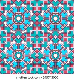 Tangled modern pattern, based on traditional oriental patterns. Seamless vector background. Plain colors - easy to recolor.