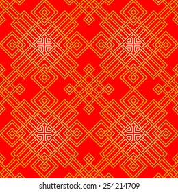 Tangled modern pattern, based on traditional oriental patterns. Red and gold - for Chinese New Year. Seamless vector background.  