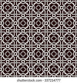 Tangled modern pattern, based on traditional oriental arabic patterns - arabesque with quatreifoils. Seamless vector background. Plain colors - white and black.
