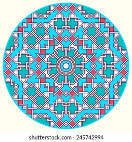 Tangled modern round pattern, based on traditional oriental patterns. Seamless vector background. Plain colors - easy to recolor.