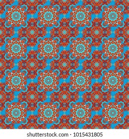 Tangled modern seamless pattern based on traditional patterns. Portuguese tiles in blue, red and orange colors. Quatrefoil vector pattern.