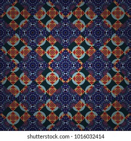 Tangled modern seamless pattern based on traditional patterns. Portuguese tiles in blue, gray and red colors. Quatrefoil vector pattern.