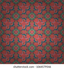 Tangled modern seamless pattern based on traditional patterns. Portuguese tiles in brown, pink and blue colors. Quatrefoil vector pattern.