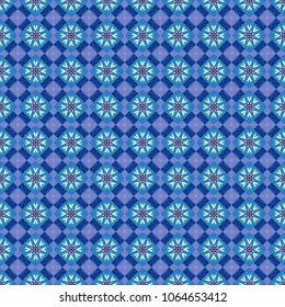 Tangled modern seamless pattern based on traditional patterns. Portuguese tiles in blue, violet and gray colors. Quatrefoil vector pattern.