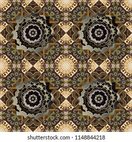 Tangled modern seamless pattern based on traditional patterns. Portuguese tiles in beige, brown and gray colors. Quatrefoil vector pattern.