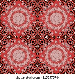 Tangled modern seamless pattern based on traditional patterns. Portuguese tiles in red, orange and black colors. Quatrefoil vector pattern.