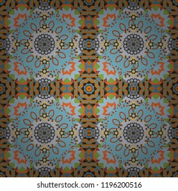 Tangled modern seamless pattern based on traditional patterns. Portuguese tiles in green, blue and orange colors. Quatrefoil vector pattern.
