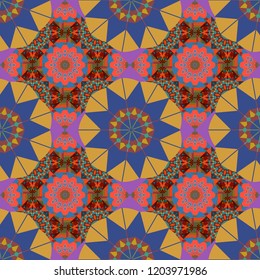 Tangled modern seamless pattern based on traditional patterns. Portuguese tiles in violet, yellow and blue colors. Quatrefoil vector pattern.