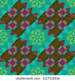 Tangled modern seamless pattern based on traditional patterns. Portuguese tiles in blue, red and green colors. Quatrefoil vector pattern.