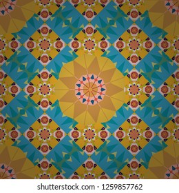 Tangled modern seamless pattern based on traditional patterns. Portuguese tiles in orange, blue and yellow colors. Quatrefoil vector pattern.
