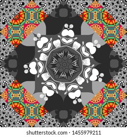 Tangled modern seamless pattern based on traditional patterns. Portuguese tiles in blue, gray and pink colors. Quatrefoil vector pattern.