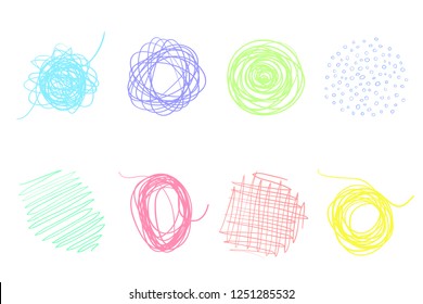 Tangled multicolored shapes on white. Hand drawn lines on isolated background. Colorful illustration. Elements for poster and flyer