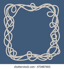 Tangled nautical ropes frame over blue background. Vector illustration