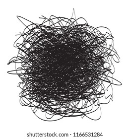 Tangled on white. Chaos pattern. Scribble sketch. Background with array of lines. Intricate chaotic texture. Art creation. Black and white illustration. Print for polygraphy, posters and t-shirts