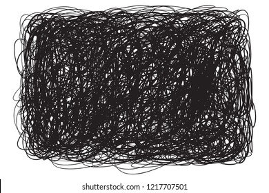 Tangled on white. Chaos pattern. Scribble sketch. Background with array of lines. Intricate chaotic texture. Art creation. Black and white illustration. Doodle for polygraphy, posters and t-shirts