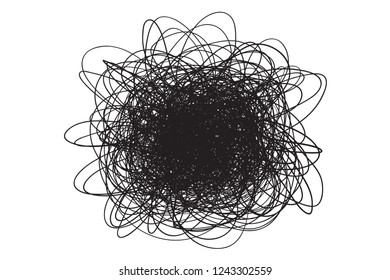 Tangled on white. Chaos pattern. Scribble sketch. Background with array of lines. Intricate chaotic texture. Art creation. Black and white illustration. Doodle for polygraphy, posters and t-shirts