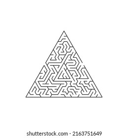 Tangled paths labyrinth maze game isolated triangle with confused ways. Vector mental conundrum, thinking logic quiz, rebus to search one solution, mental riddle, challenge with entry and exit