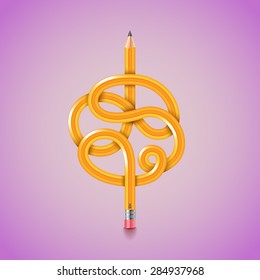 Tangled pencil on purple, photo realistic vector background
