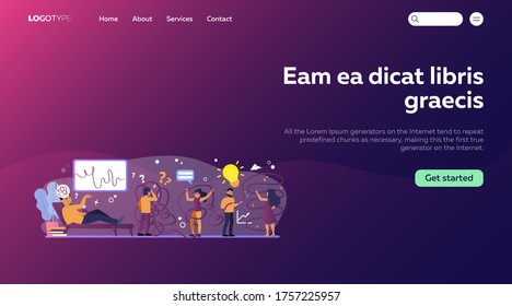 Tangled people searching for decision. Man lying on coach and talking his ideas flat vector illustration. Brainstorming and decision making concept for banner, website design or landing web page