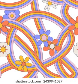 Tangled rainbows seamless pattern with hippie daisy flowers. Groovy contour vector illustration.