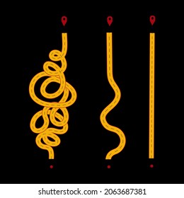 A tangled road from one point to another.The concept of simplifying a confusion or road in psychotherapy, psychology, or goal achievement.