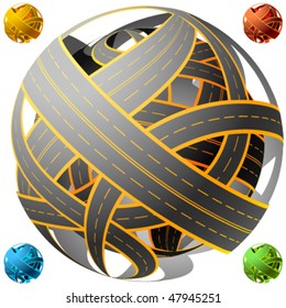 Tangled road  skein. Traffic jam. Spherical