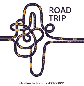 Tangled roads with cars and trucks on the white background. Curvy asphalt roads, with lanes separated with middle white dashed line. 