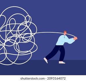 Tangled rope concept. Business problems metaphor. Businessman unraveling chaos. Mental dysfunction, man pulls along past life, vector concept