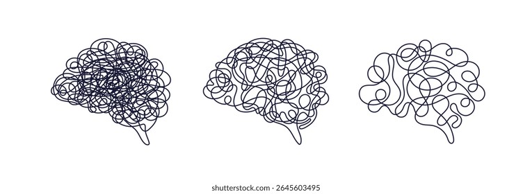 Conjunto de cérebro de rabisco emaranhado Sinal de linha de rabiscar vetor. Caos mente. Esboço abstrato à tinta desenhada à mão. Elemento vetorial isolado no fundo branco. Traçado editável