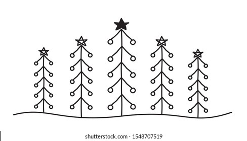 Tangled scribble Christmas Pine Tree forest banner hand drawn with thin line, divider shape. Isolated on white background. Vector illustration