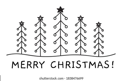 Tangled scribble Christmas Pine Tree forest banner hand drawn with thin line, divider shape. Isolated on white background. Vector illustration