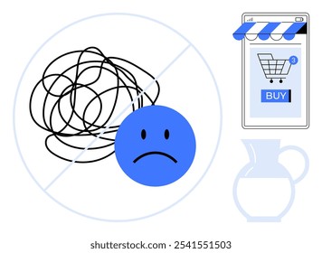 Un garabato enredado tachado con una cara triste al lado de un teléfono inteligente que muestra un ícono de Carrito de compras y compra Botón. Ideal para el comercio electrónico, satisfacción del Cliente, experiencia del usuario, diseño del Sitio web