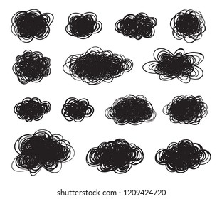Tangled, scribble templates, backgrounds for text, lettering. Cloud shape frame set, collection. Array of rounded endless lines, uneven hand drawn chaotic strokes. Design elements, intricate textures.