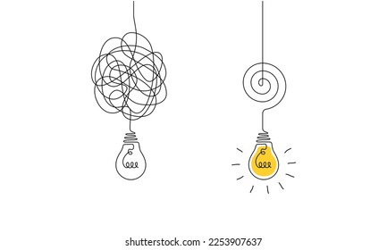 Alambres entrelazados y garabateados con bombillas en un plano de línea continua. Concepto de proceso complejo de resolución de problemas y de clarificación de la idea en un estilo lineal simple. Ilustración del vector Doodle.