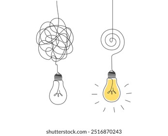 Tangled and scribble wires with light bulbs in One continuous line drawing. Concept of complex problem solving process and Clarifying idea in simple linear style. Vector illustration eps 10