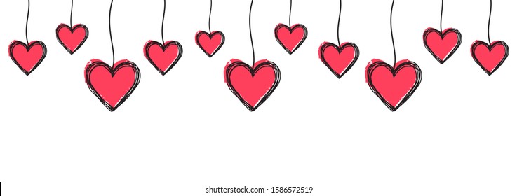 Tangled scribbled heart hanging on a string, hand drawn with thin line and red ink hearts, divider shape. Isolated on white background. Vector illustration