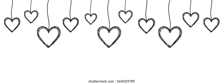 Tangled scribbled heart hanging on a string, hand drawn with thin line, divider shape. Isolated on white background. Vector illustration