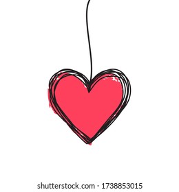 Corazón garabateado enredado colgado en una cuerda, dibujado a mano con una línea delgada, forma divisoria. Aislado sobre fondo blanco. Ilustración del vector