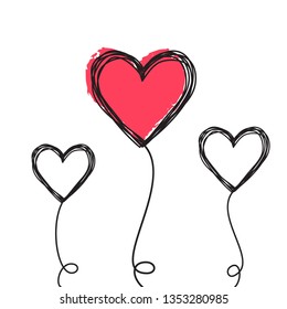 Tangled scribbled heart on a string line like an air baloon or a flower, hand drawn with thin line and red ink. Isolated on white background. Vector illustration