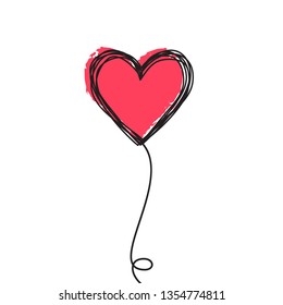 Tangled scribbled heart on a string line like an air baloon  Isolated on white background. Vector illustration